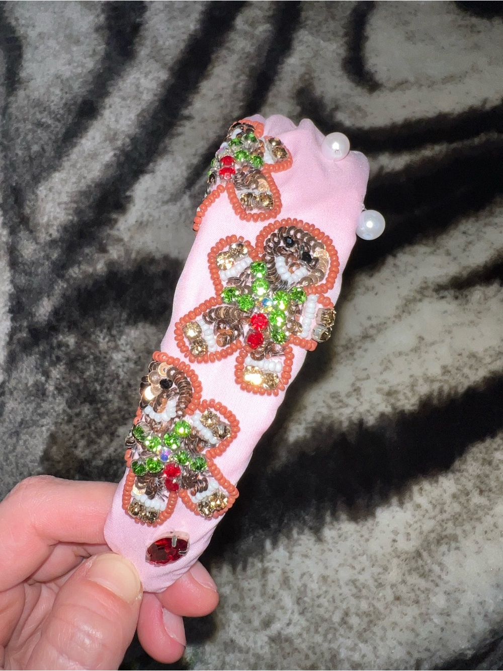 Viola Embellished Pink Floral Beaded Headband Xmas Pearls & Gingerbread Holiday